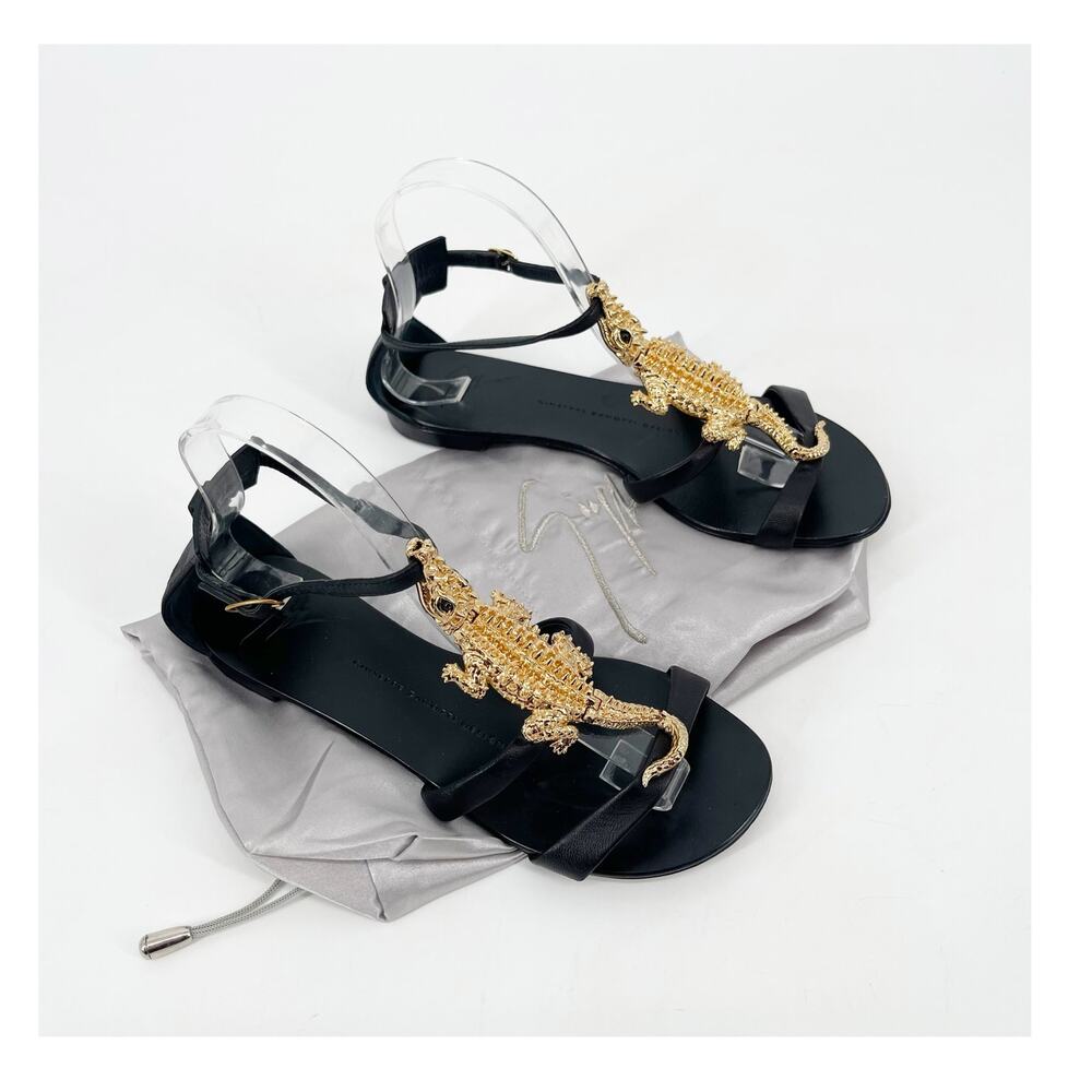 Giuseppe Zanotti Black Leather Gold Crocodile Embellished Flat Sandals IT 37.5